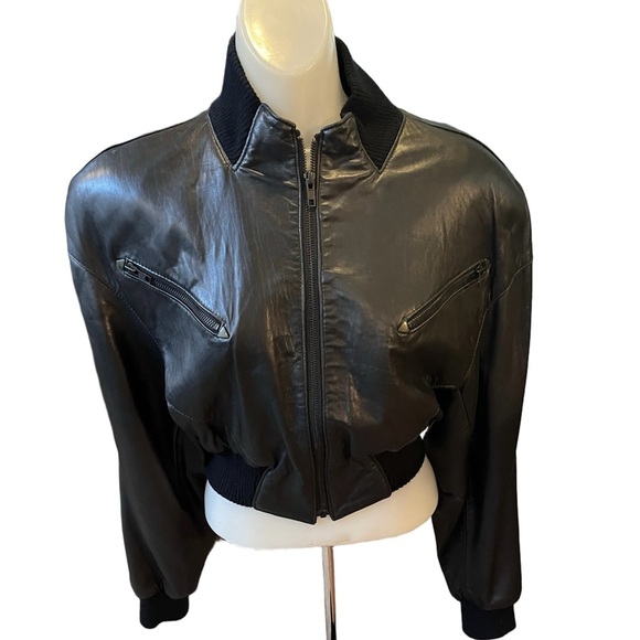 Vintage Michael Hoban North Beach Leather Black Cropped Bomber Jacket size XS - Picture 2 of 14